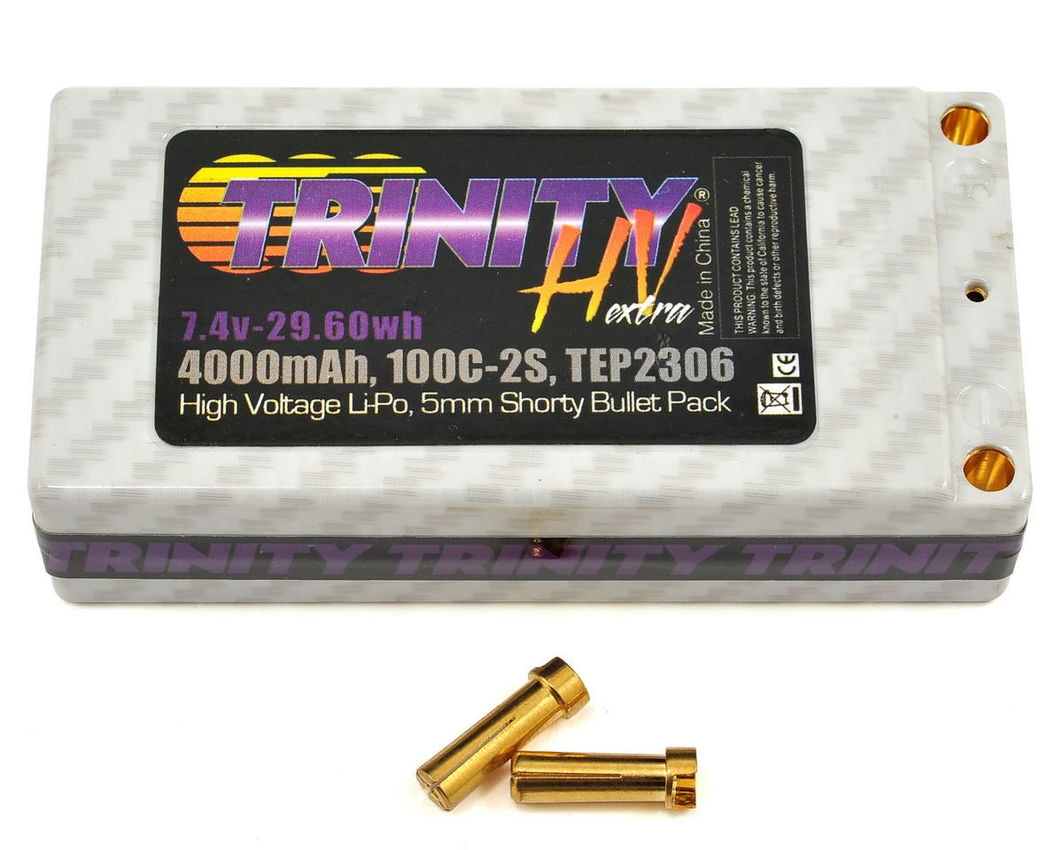 Trinity Hi-Voltage Shorty 2S 100C Hardcase LiPo Battery (7.4V/4000mAh) w/5mm Bullets 1 Trinity Hi-Voltage Shorty 2S 100C Hardcase LiPo Battery (7.4V/4000mAh) w/5mm Bullets